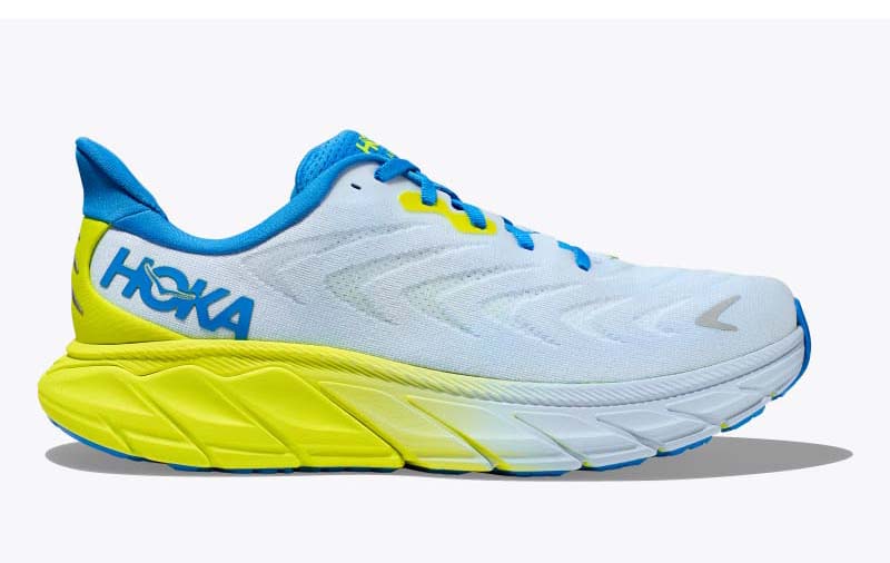 HOKA sneakers shown in blue and yellow