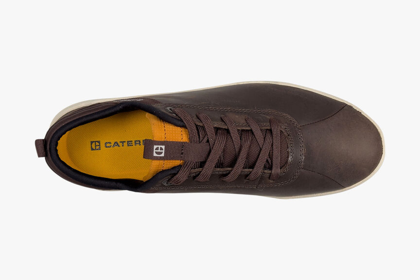 CAT Caterpillar Mens Hex Leather Sneaker Casual Trainer Athletic Shoes, coffee, top