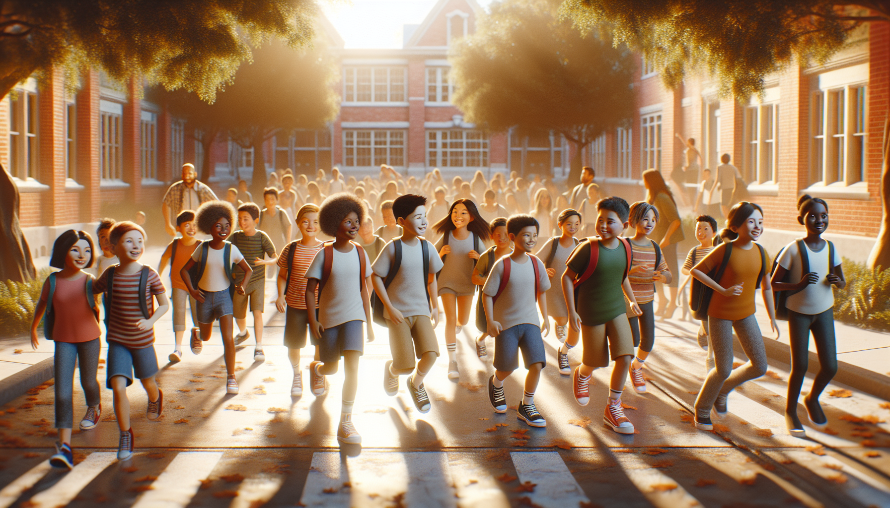 children waking to school on a bright sunny day with new sneakers
