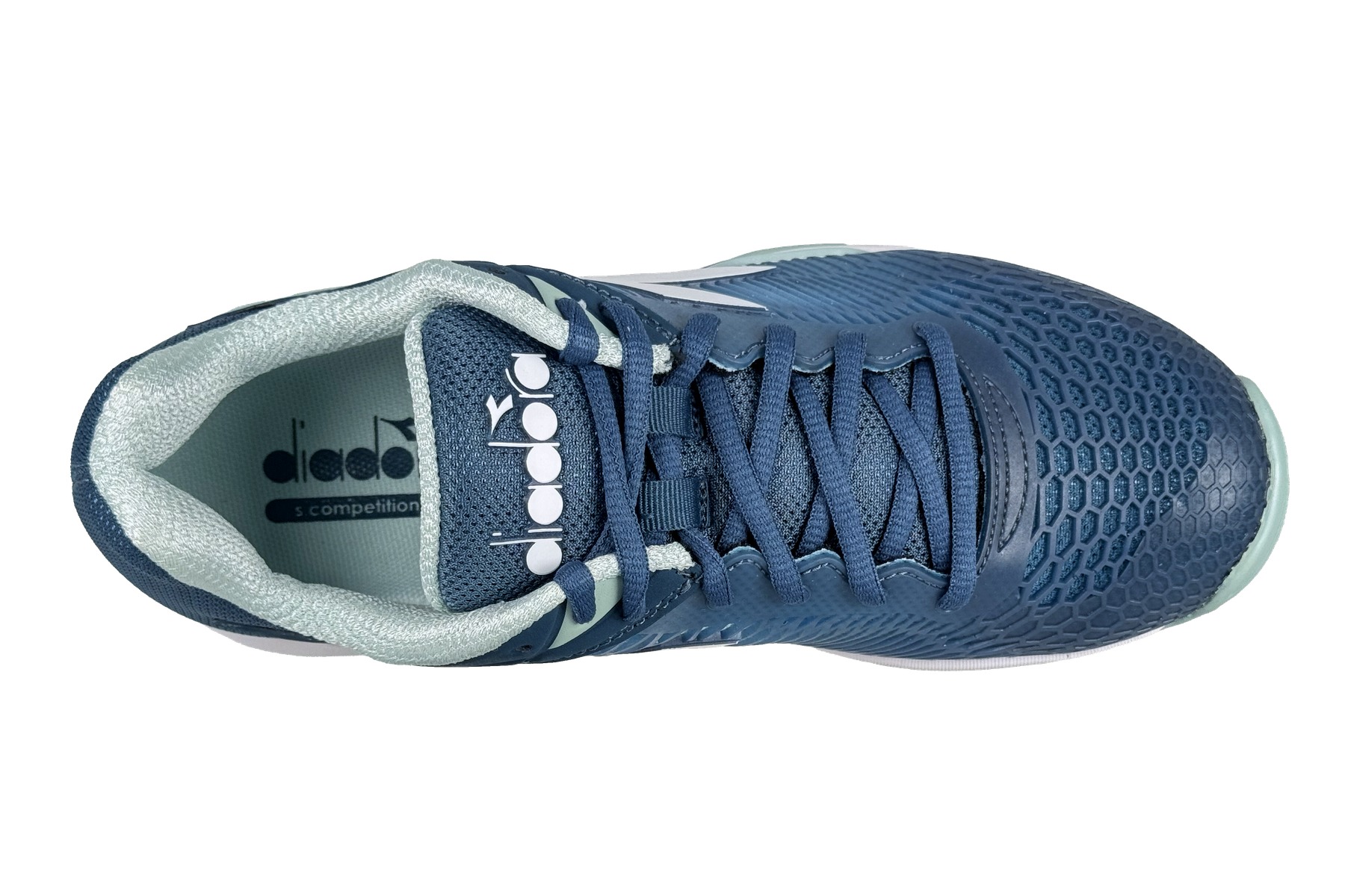 Diadora Womens Speed Competition 7 Plus Ag Tennis Sneakers Blue Green 5 Diadora Speed Competition 7+ AG Women's Sneaker Blue / Green – Top Overhead View