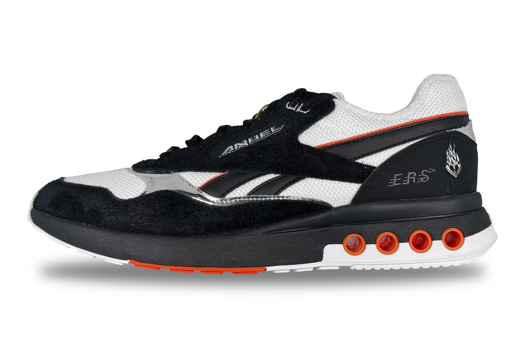 Reebok Anuel Aa Ers World Men'S Sneaker – Black / White / Orange 1 Reebok Anuel AA ERS World Men's Sneaker Black / White / Orange – Left Side View