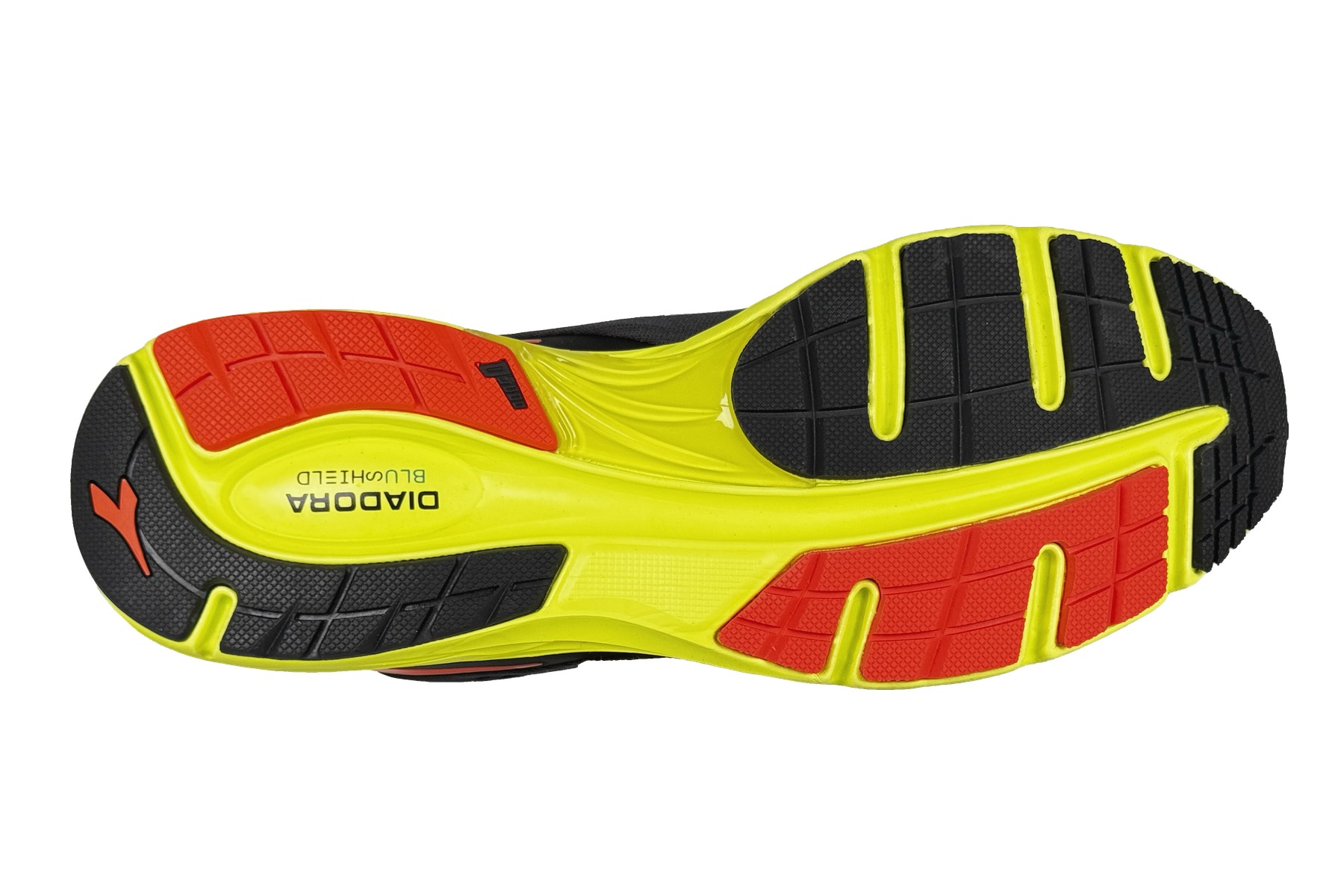 Diadora Mythos Blushield Volo 2 Men'S Running Sneaker – Charcoal / Teal / Yellow / Orange 6 Diadora Mythos Blushield Volo 2 Men's Running Sneaker Charcoal / Teal / Yellow / Orange – Bottom Outsole View
