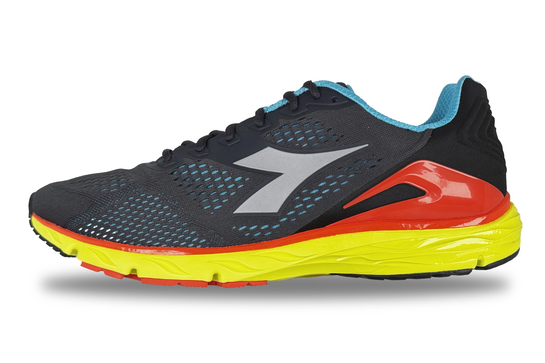 Diadora Mythos Blushield Volo 2 Men'S Running Sneaker – Charcoal / Teal / Yellow / Orange 1 Diadora Mythos Blushield Volo 2 Men's Running Sneaker Charcoal / Teal / Yellow / Orange – Left Side View