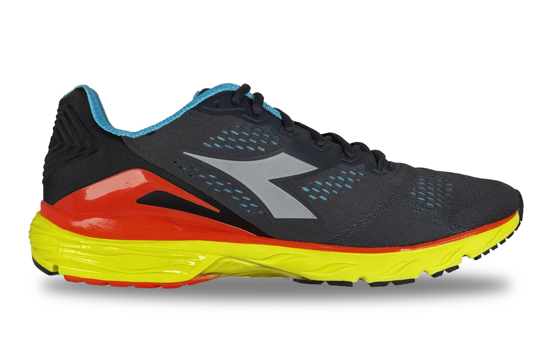 Diadora Mythos Blushield Volo 2 Men'S Running Sneaker – Charcoal / Teal / Yellow / Orange 2 Diadora Mythos Blushield Volo 2 Men's Running Sneaker Charcoal / Teal / Yellow / Orange – Right Side View