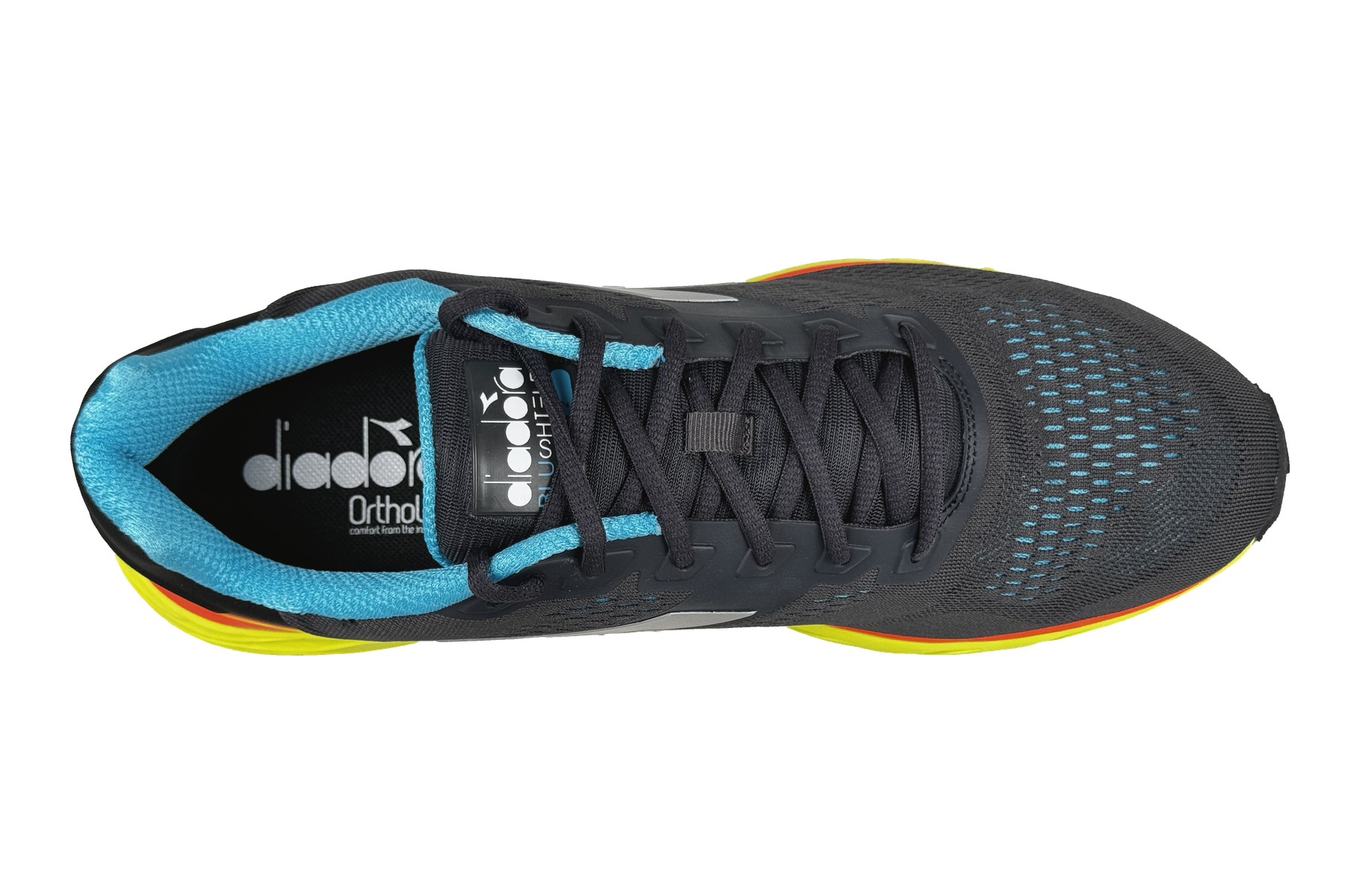 Diadora Mythos Blushield Volo 2 Men'S Running Sneaker – Charcoal / Teal / Yellow / Orange 5 Diadora Mythos Blushield Volo 2 Men's Running Sneaker Charcoal / Teal / Yellow / Orange – Top Overhead View