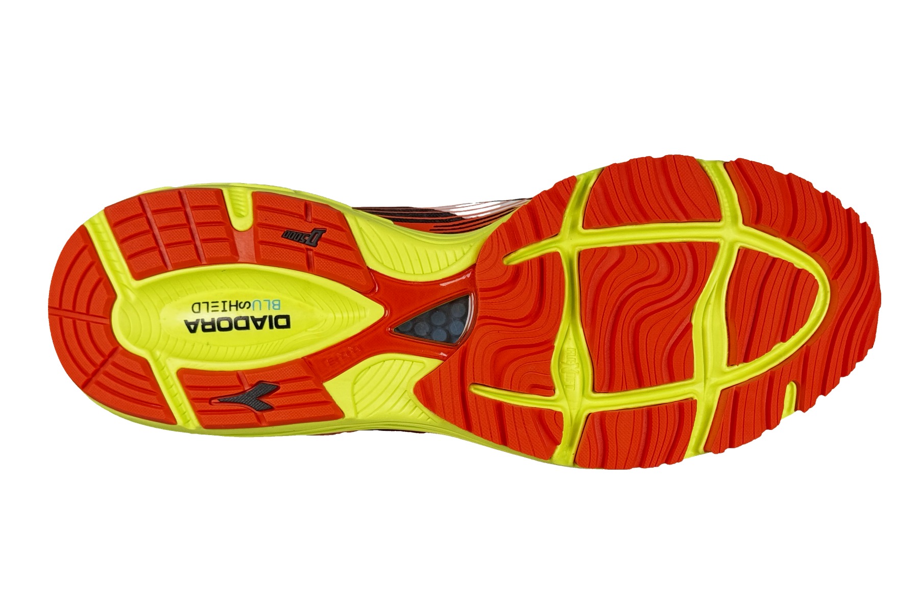 Diadora Mythos Blushield Fly Men'S Running Shoe – Orange / Black / Yellow 6 Diadora Mythos Blushield Fly Men's Sneaker Orange / Black / Yellow – Bottom Outsole View