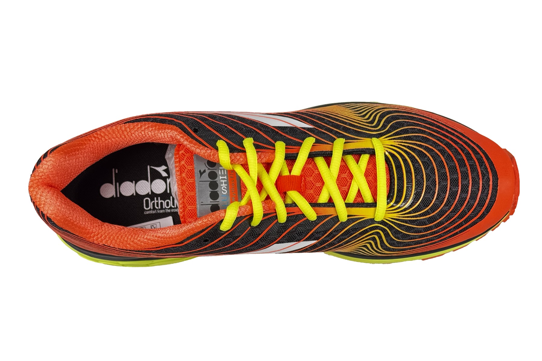 Diadora Mythos Blushield Fly Men'S Running Shoe – Orange / Black / Yellow 5 Diadora Mythos Blushield Fly Men's Sneaker Orange / Black / Yellow – Top Overhead View
