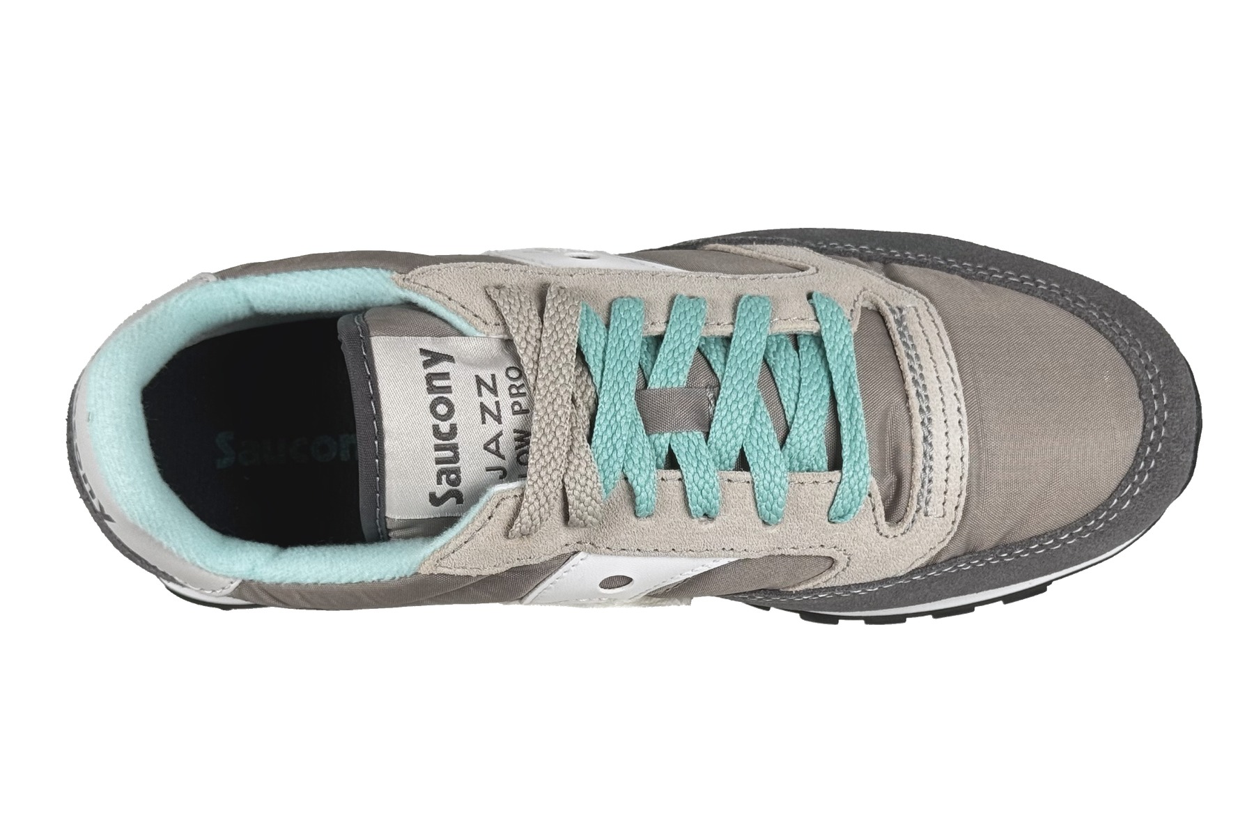 Saucony Jazz Low Pro Women'S Sneaker – Grey / White / Teal 5 Saucony Jazz Low Pro Women's Sneaker Grey / White / Teal – Top Overhead View
