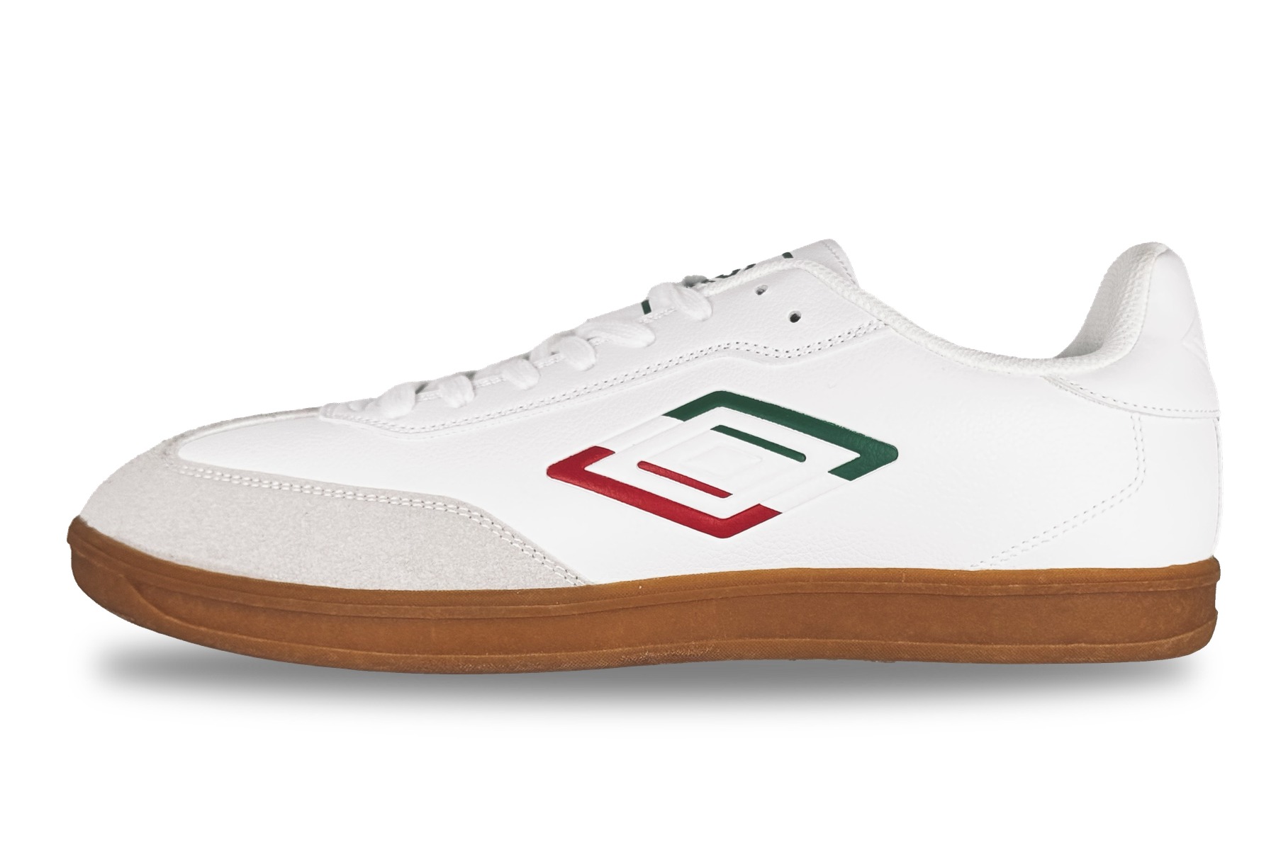 Umbro Tx Men'S Soccer Sneakers - White / Red / Green / Gum 1 Umbro TX Men's Sneaker White / Red / Green / Gum - Left Side View