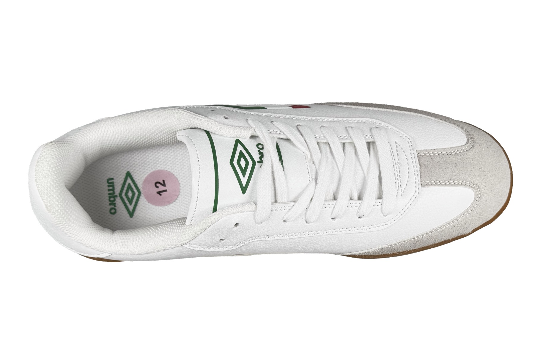 Umbro Tx Men'S Soccer Sneakers - White / Red / Green / Gum 5 Umbro TX Men's Sneaker White / Red / Green / Gum - Top Overhead View